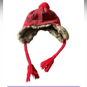 Vintage Faux Fur Christmas Snowflake Ski Winter Hat Red Grey